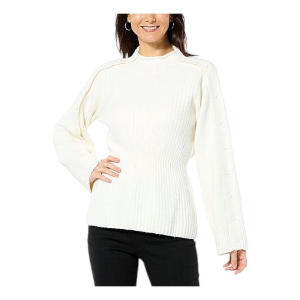 DG2 by Diane Gilman Women's Mock-Neck Buttoned Sleeve Sweater Ivory - Regular